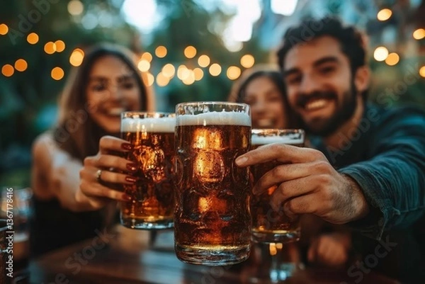 Fototapeta Happy friends celebrating happy hour drinking beer at brewery bar restaurant - Multi ethnic family having fun at backyard dinner party - Young people enjoying time together at open air