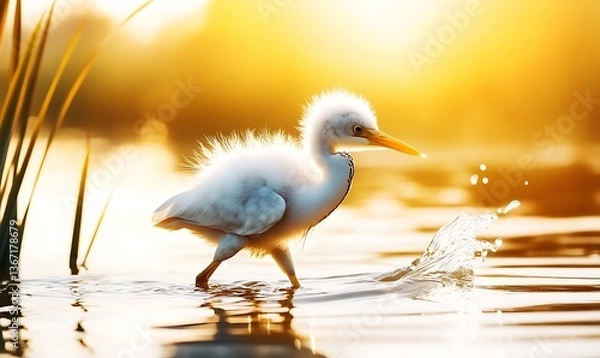 Obraz Young Egret Wading in Shallow Water Sunlight Reflections on the Pond Surface Nature Photography Style
