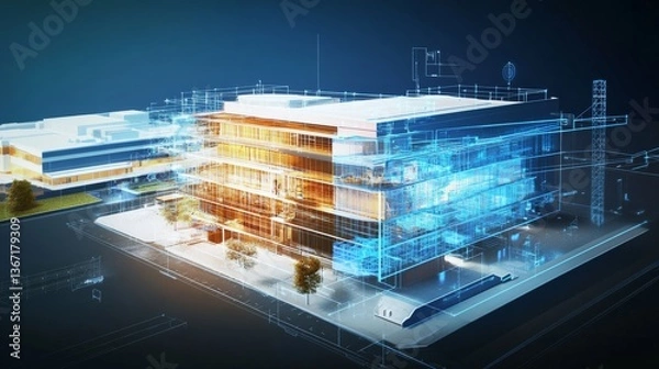 Obraz An AI powered digital twin simulation system visualizing real time building performance data for energy optimization, glowing simulation interface, real-time building data analysis