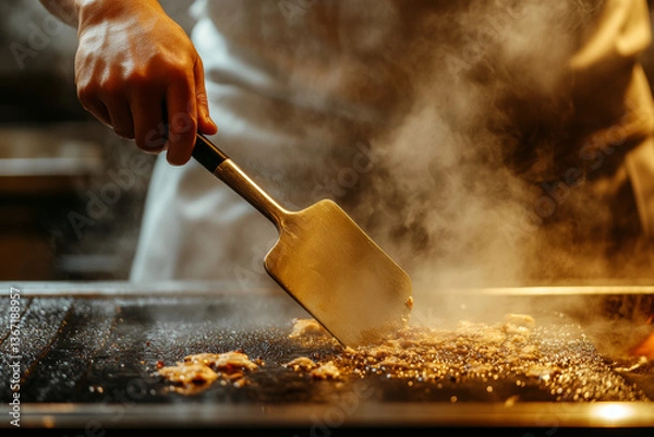 Obraz A chef uses a metal spatula to sear meat on a sizzling grill with steam rising in warm, golden lighting.