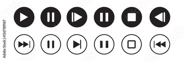 Obraz Media player button icons set. Pause, rewind, fast forward icon. Ui elements. Music player buttons. Video controls. Play