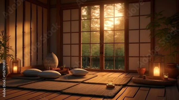 Fototapeta Zen meditation room interior design for mindfulness and relaxation with natural light and peaceful atmosphere