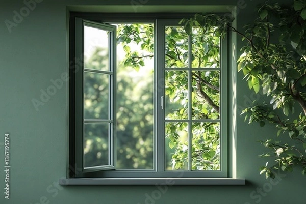 Fototapeta Open window with tree branches and sunlight filtering in, creating a serene atmosphere.