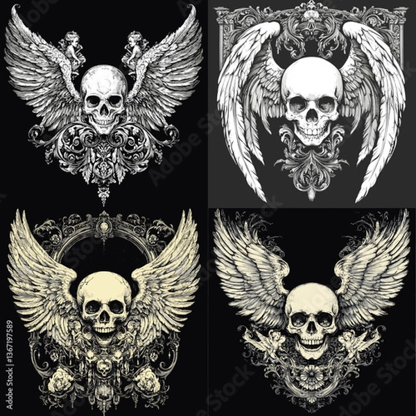Fototapeta Intricate gothic skull illustrations with angel wings and baroque elements. Ideal for tattoo art, dark fantasy, metal designs, horror visuals, and detailed emblem-style artwork.

