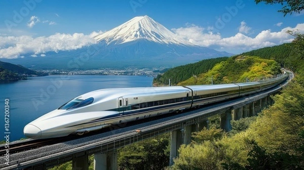 Fototapeta Scenic view of a modern high-speed train passing through a landscape with mountains