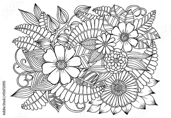 Obraz Doodle floral pattern in black and white. Page for coloring book