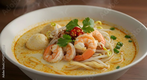 Fototapeta Creamy Curry Noodle Soup With Shrimp And Egg
