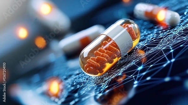 Fototapeta Artificial Intelligence Blockchain Healthcare solutions Close-up of a transparent capsule on a digital network background.