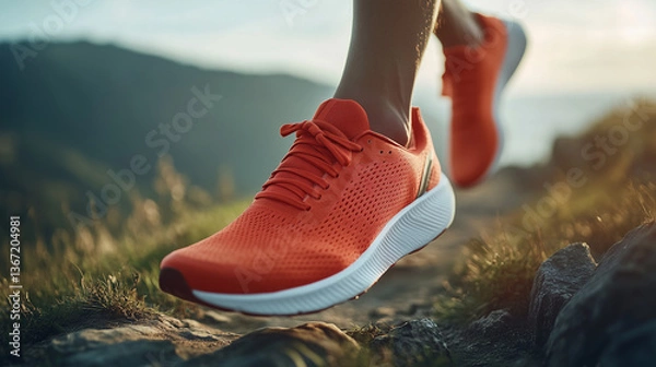 Fototapeta Mountain running shoes are designed to provide superior traction and stability on rugged, uneven terrain.