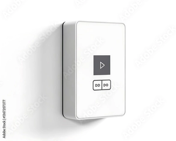 Fototapeta Minimalist smart wall button with icons on white surface – Botón de pared inteligente minimalista con íconos sobre superficie blanca