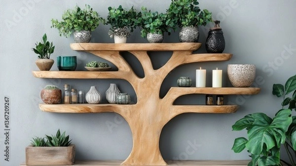 Fototapeta A wall-mounted tree-shaped shelf elegantly displaying tiny planters, candles, and unique decorative pieces.