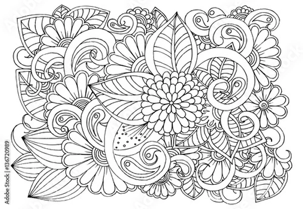 Obraz Doodle floral pattern in black and white. Page for coloring book