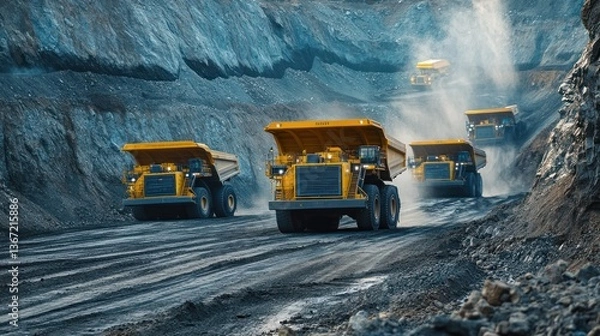 Fototapeta Gigantic automated mining trucks performing excavations within a quarry canyon