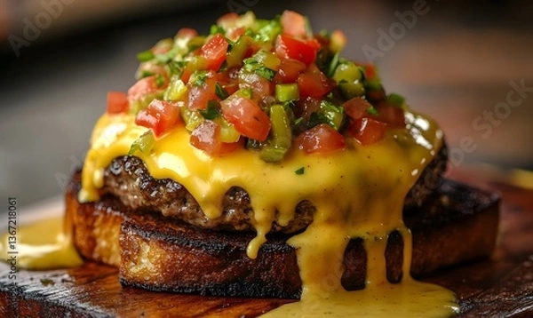 Obraz Open-faced round burger patty on square Texas toast, Generative AI