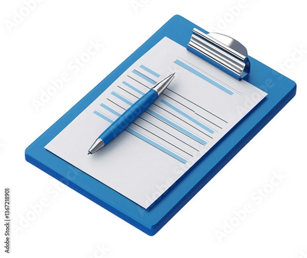 Fototapeta 3D icon of a clipboard with a document and pen, isolated on a transparent background