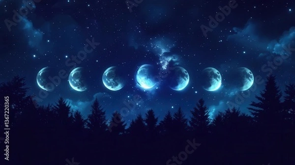 Obraz Phases of the Moon Illuminating a Starry Night Sky Above a Dark Forest Silhouette