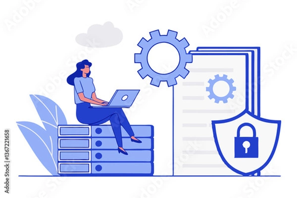 Obraz Secure Data Management Illustration. Woman on Server with Laptop, Surrounded by Digital Files, Gears, Cybersecurity Shield Flat Style, Technology, Protection, and System Processes.