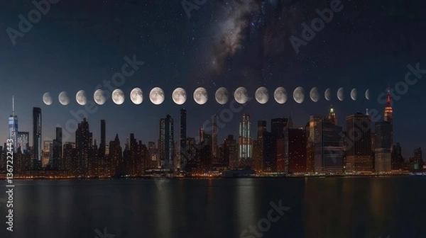 Fototapeta Phases of the Moon Over a Vibrant City Skyline at Night with Stars and Reflections on Water