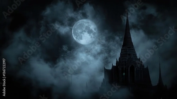 Fototapeta Mysterious Gothic Temple Silhouette Against a Full Moon and Dark Cloudy Night Sky