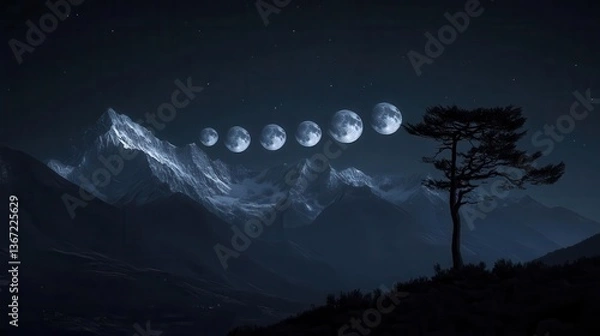 Fototapeta Phases of the Moon Over Mountain Peaks and Silhouette of a Tree Under a Starry Night Sky