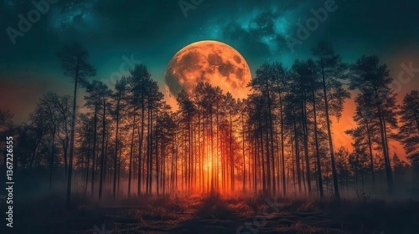 Fototapeta Illuminated Forest Silhouette Under Full Moon at Sunset with Vibrant Night Sky
