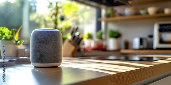 Obraz Stylish smart speaker positioned on a sleek kitchen countertop
