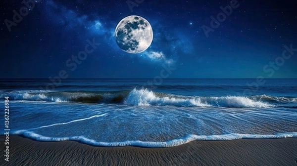 Obraz Nighttime Coastal Scene Featuring Full Moon Over Ocean Waves and Twinkling Stars