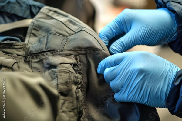 Obraz A pair of blue-gloved hands carefully examine the stitching and pockets of a dark tactical-style jacket.