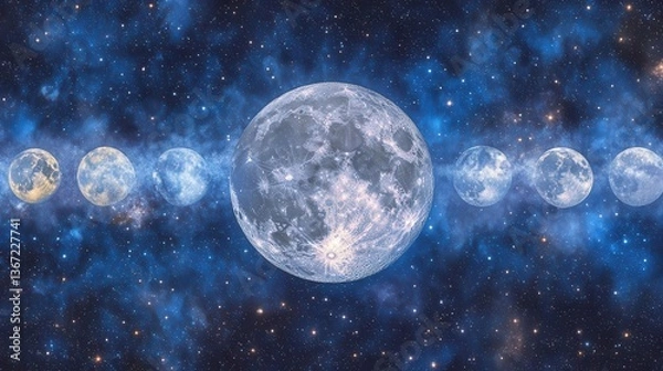 Fototapeta Phases of the Moon Illuminating a Cosmic Space Landscape with Dazzling Stars and Nebula