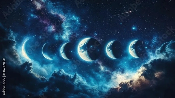 Fototapeta Phases of the Moon Lighting Up a Starry Night Sky with Colorful Galactic Background