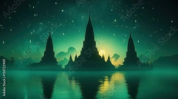 Fototapeta Silhouetted Ancient Temples Reflecting in Water Beneath a Starry Night Sky with Green Hues