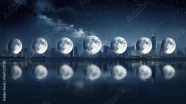 Fototapeta Sequence of Full Moons Reflecting in a Tranquil Urban River at Night Before a Starry Sky
