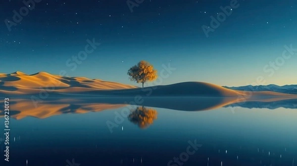 Fototapeta Solitary Tree Reflected in Calm Water Surrounded by Desert Dunes Under a Starry Night Sky