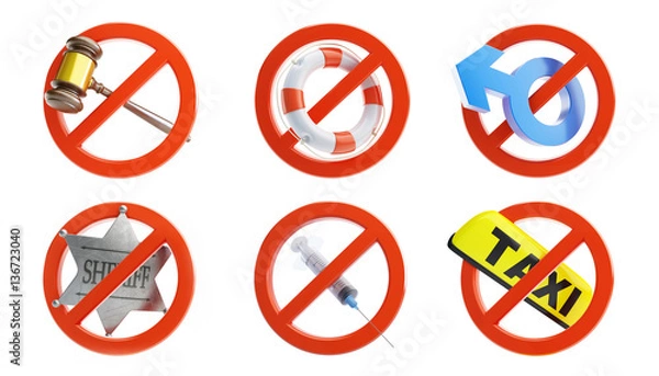 Fototapeta no signs for different prohibited activities set on a white background 3D illustration