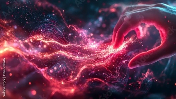Fototapeta Hand interacting with digital energy field, abstract background