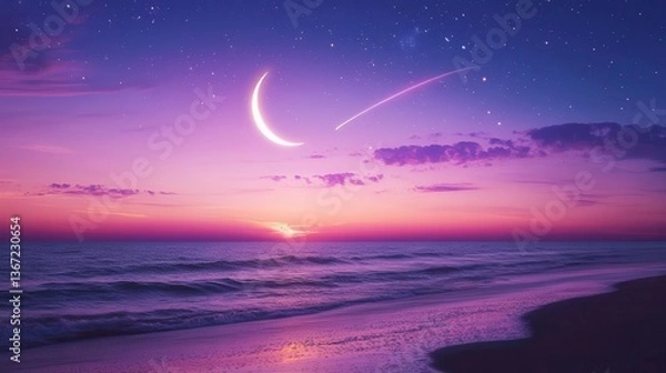 Fototapeta Serene Sunset Over Ocean with Crescent Moon and Shooting Stars in a Dreamy Atmosphere