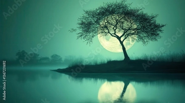 Fototapeta Silhouette of a Tree Against a Full Moon with Reflection on Calm Water at Night