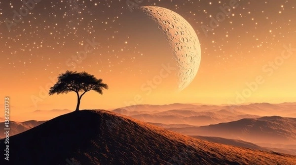 Fototapeta Silhouette of a Lone Tree on a Hill with a Large Moon and Starry Sky During Dusk