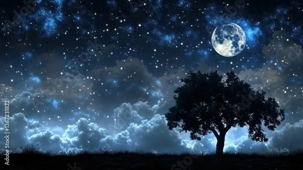 Fototapeta Silhouette of a Tree Against a Starry Night Sky with a Full Moon and Cloudy Atmosphere