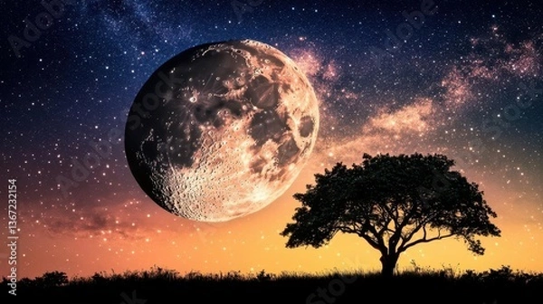 Fototapeta Stunning Night Sky with Large Moon and Silhouetted Tree Against Colorful Gradient Background