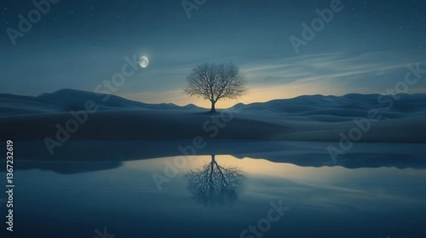 Fototapeta Silhouetted Tree and Its Reflection Under a Starry Night Sky with Moonlight on Water