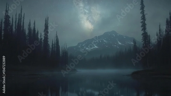 Fototapeta Starry Night Sky Over Mountain Reflection in Calm Lake Surrounded by Dark Silhouetted Forests