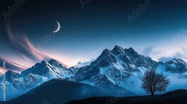 Fototapeta Snowy Mountain Range Under Moonlit Sky with a Lone Tree in a Peaceful Night Landscape