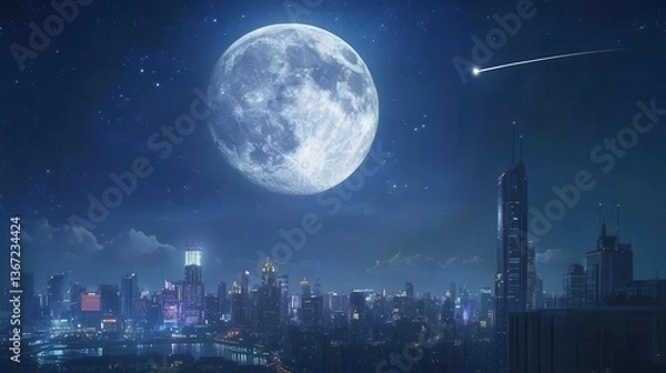 Obraz Stunning Urban Skyline Under a Bright Full Moon with Stars and Vibrant City Lights at Night