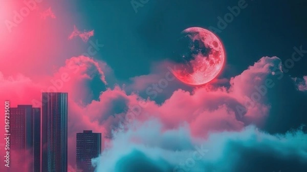 Fototapeta Surreal Nighttime City Skyline with Glowing Moon and Colorful Clouds Above Urban Landscape
