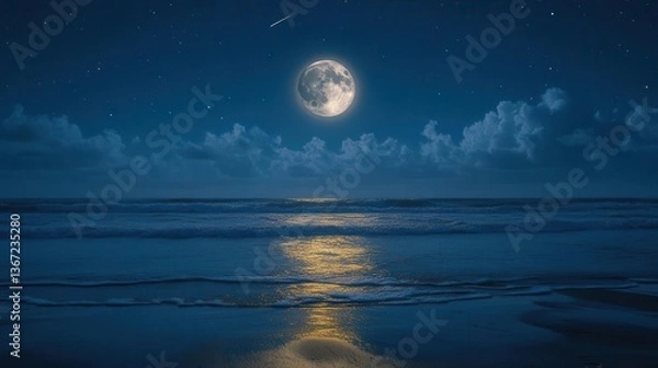 Fototapeta Stunning Moonlit Ocean Scene with Waves and Reflections under a Starry Night Sky