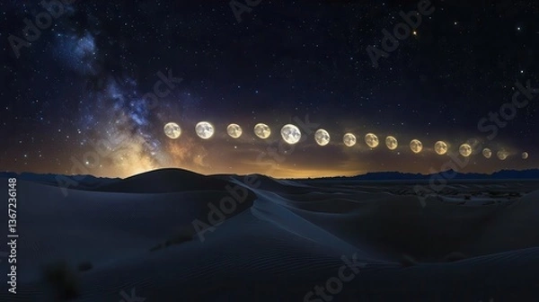 Obraz Stunning Night Sky Over Desert Landscape with Celestial Body Phases and Galactic Horizon