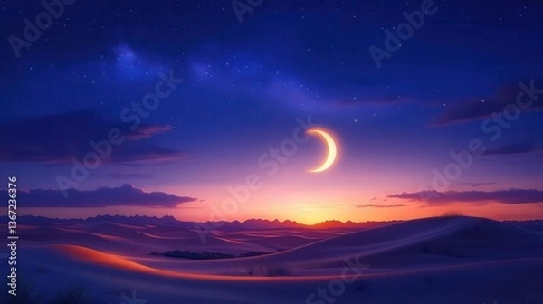 Fototapeta Stunning Crescent Moon Glowing Over a Serene Desert Landscape Under a Starry Twilight Sky