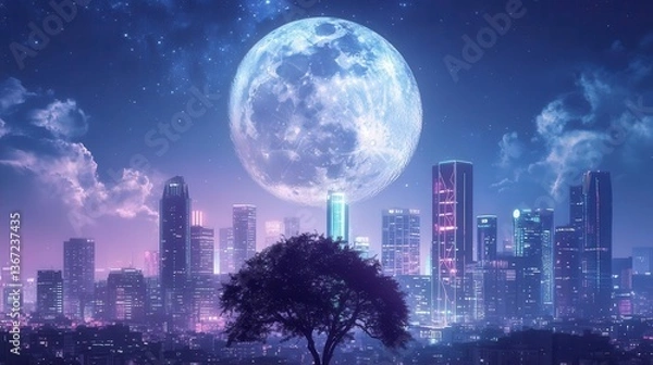 Obraz Vibrant Nightscape Featuring A Silhouetted Tree Against A Glowing Moon Over A Modern City