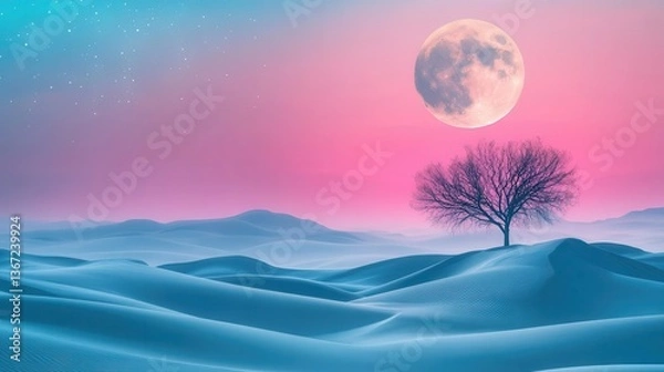 Fototapeta Surreal Desert Landscape with a Lone Tree Under a Bright Moon and Colorful Sky at Night
